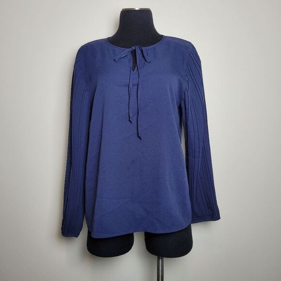Navy Blue Pleated Sleeve Blouse Office Corporate Formal Church Modest Medium - Picture 2 of 9